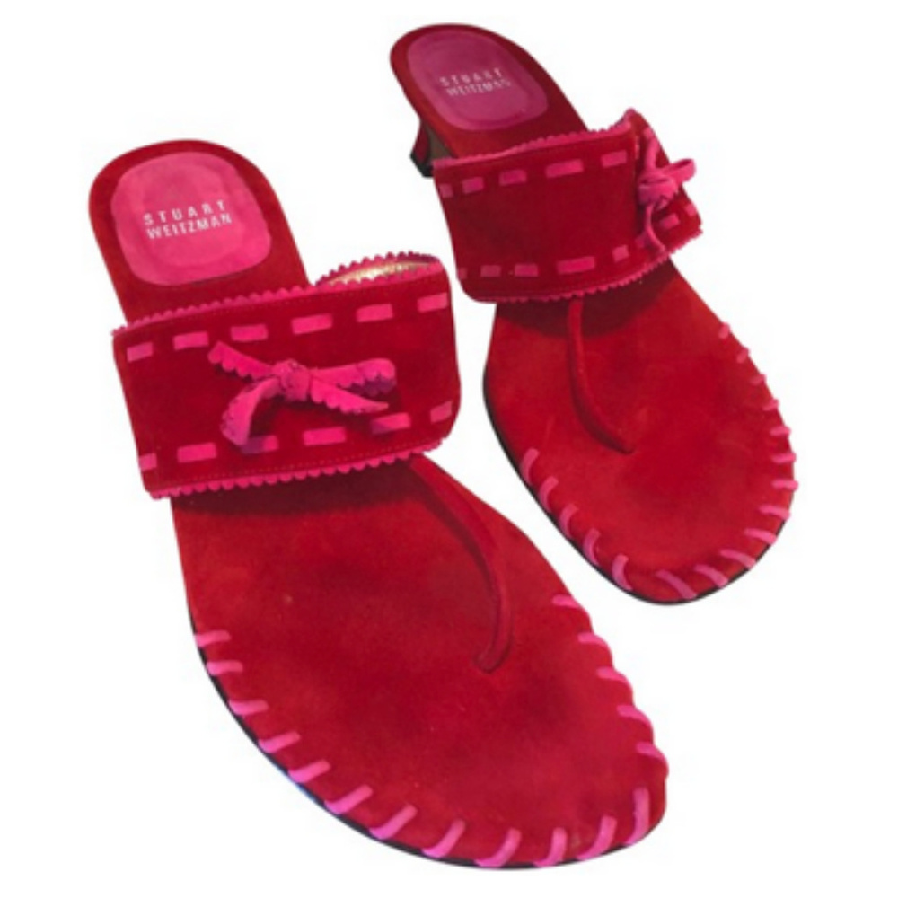 Stuart Weitzman Red Suede/Hot Pink Accent Sandals